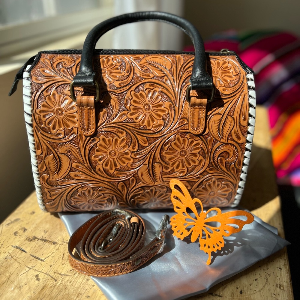Medium Sized Hand-Tooled Leather Speedy. Brown and Black with white stitching